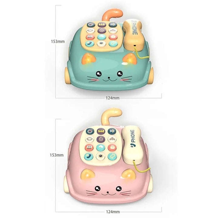 Green and pink cat toy phones with 153 mm by 124 mm measurements