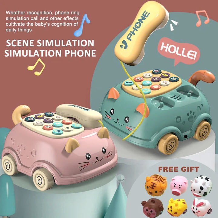 Green and pink cat-shaped toy phones with lift-off handsets and colorful buttons