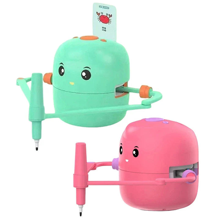 Green and pink drawing robots shown together with drawing arms and a card inserted in the green robot