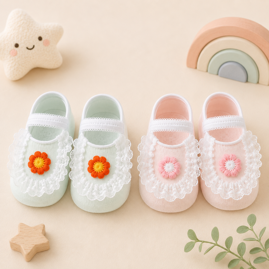 Green and pink baby socks with white lace trim and colorful flower accents