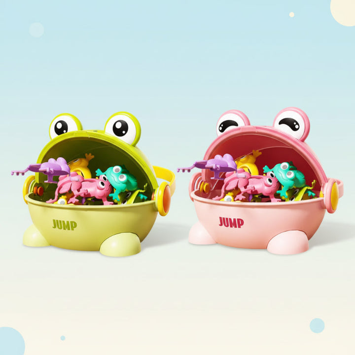 Green and pink frog-shaped game cases filled with colorful small frogs.