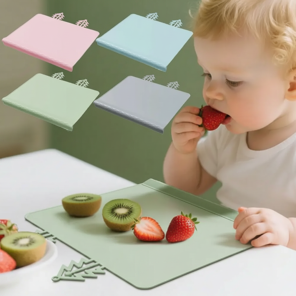 Child eating fruit on a green silicone placemat with four color options shown