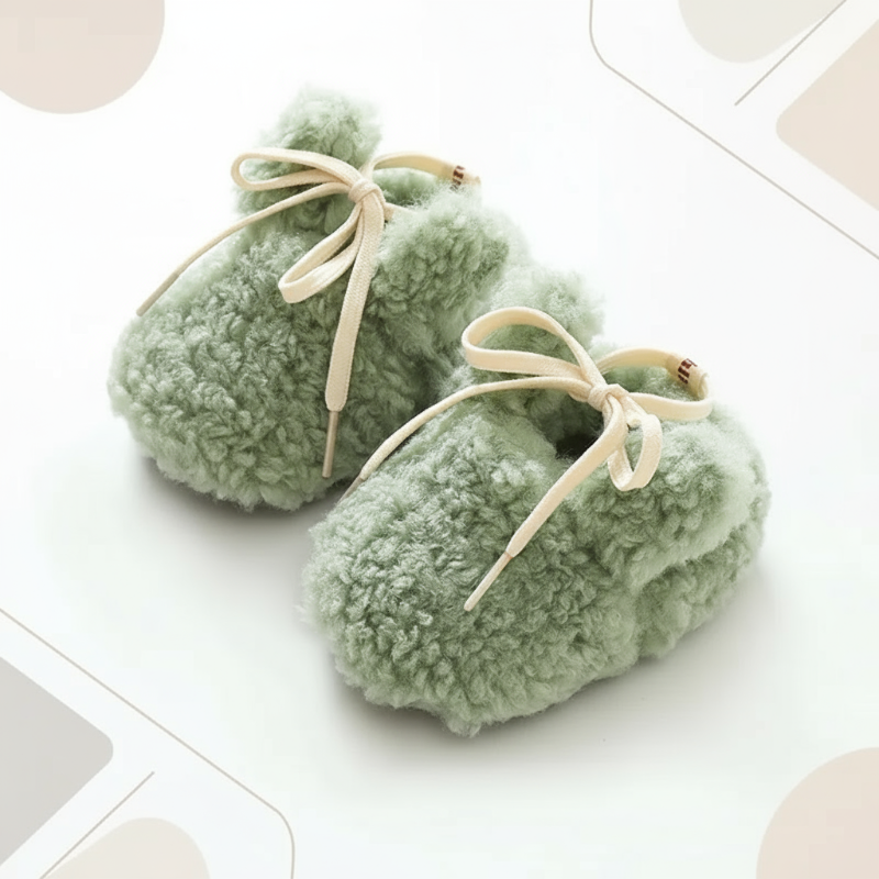 Green plush baby shoes with cream bow-tied laces