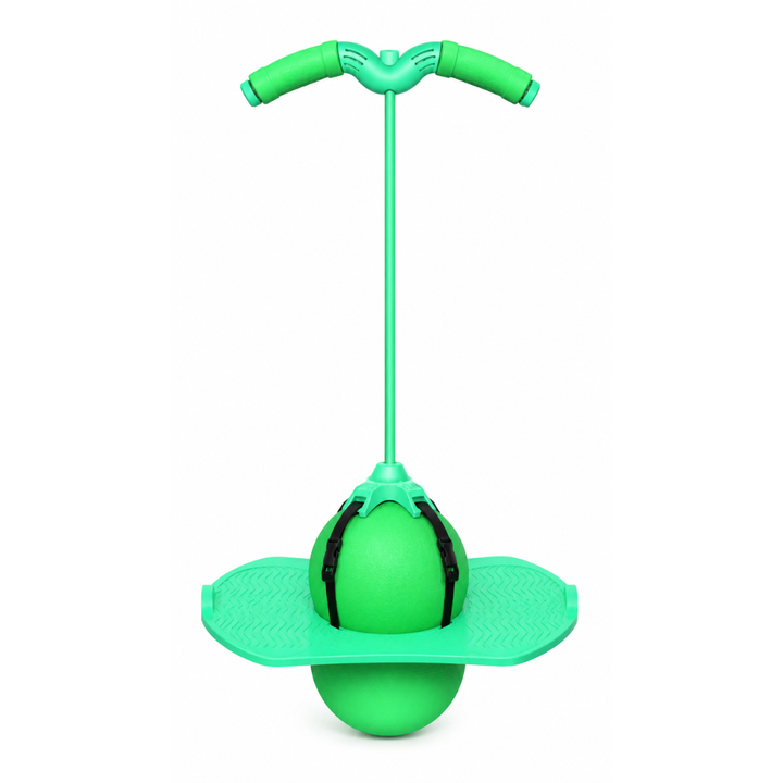 Green balancing pogo stick with a wide foot platform and curved handlebar