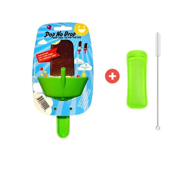 Green popsicle holder in packaging beside a green sleeve and slim cleaning brush