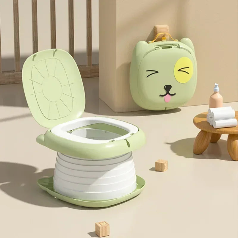 Green portable potty shown open beside its folded carry configuration