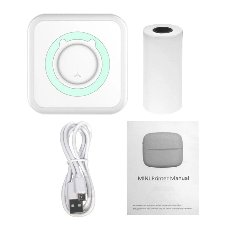 Green-accented printer with one paper roll, USB cable and user manual
