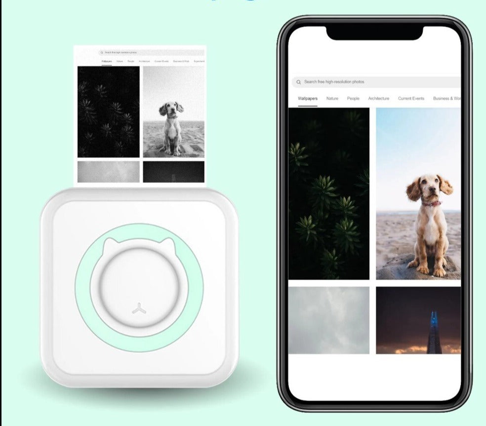 Green-accented photo printer beside a smartphone gallery and a black-and-white print