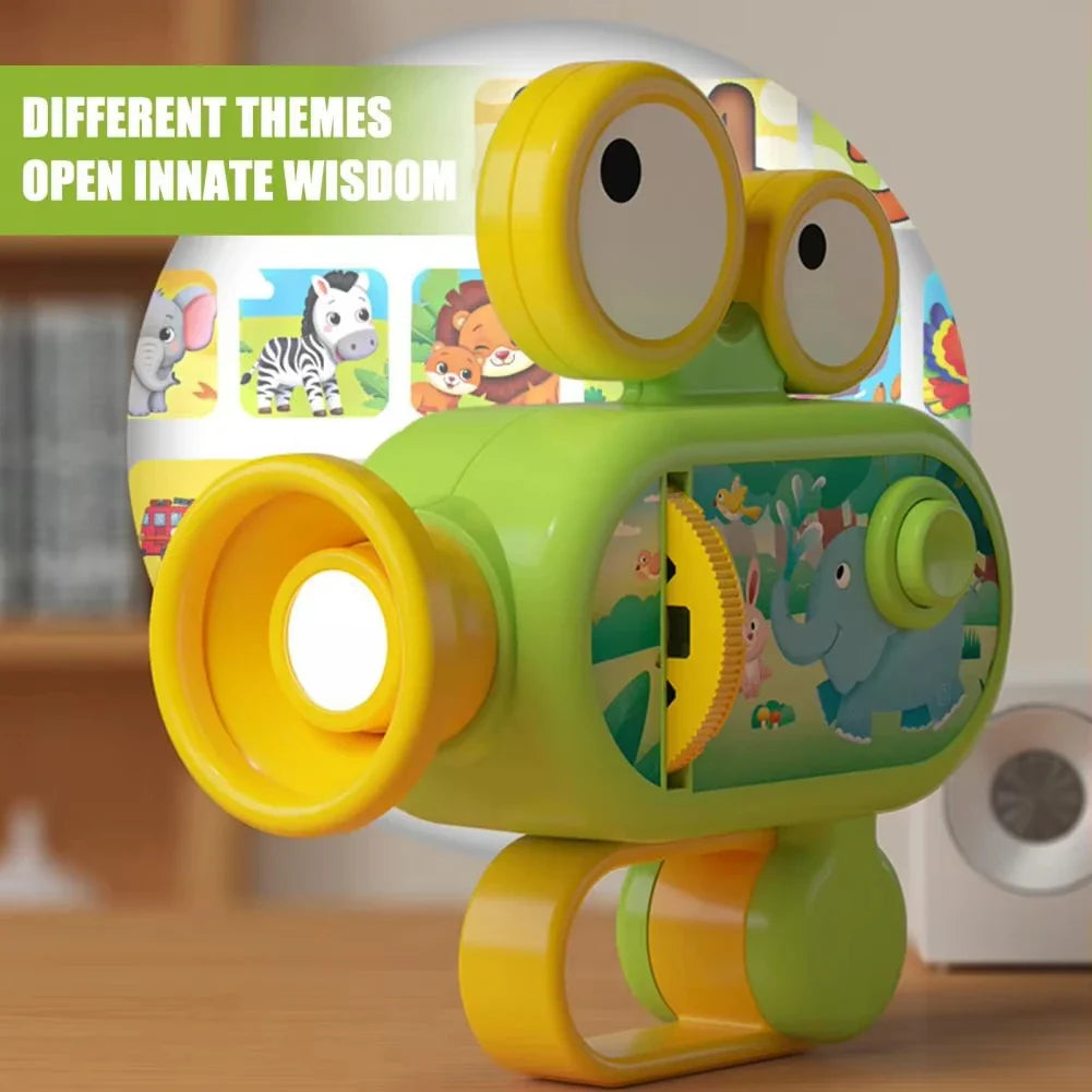 Green projector flashlight with animal artwork and a selection of colorful picture themes
