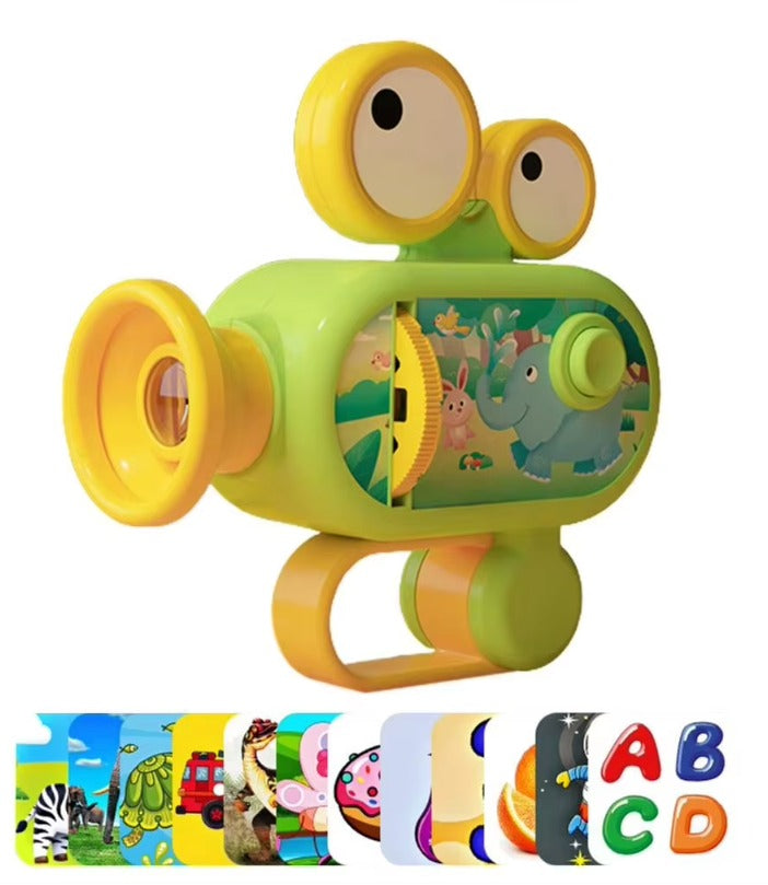 Green toy projector with illustrated slides featuring animals, vehicles and letters