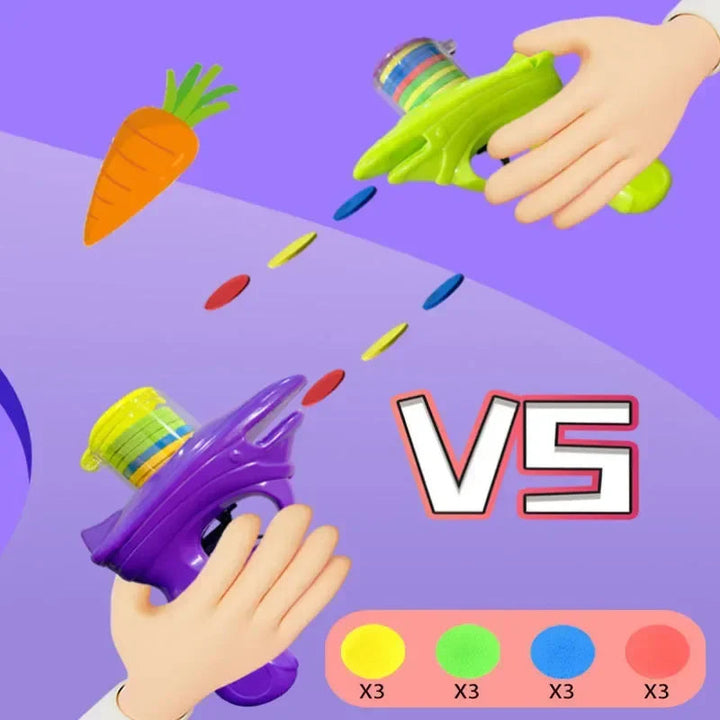 Illustration of hands holding green and purple disc blasters with colored discs between them.