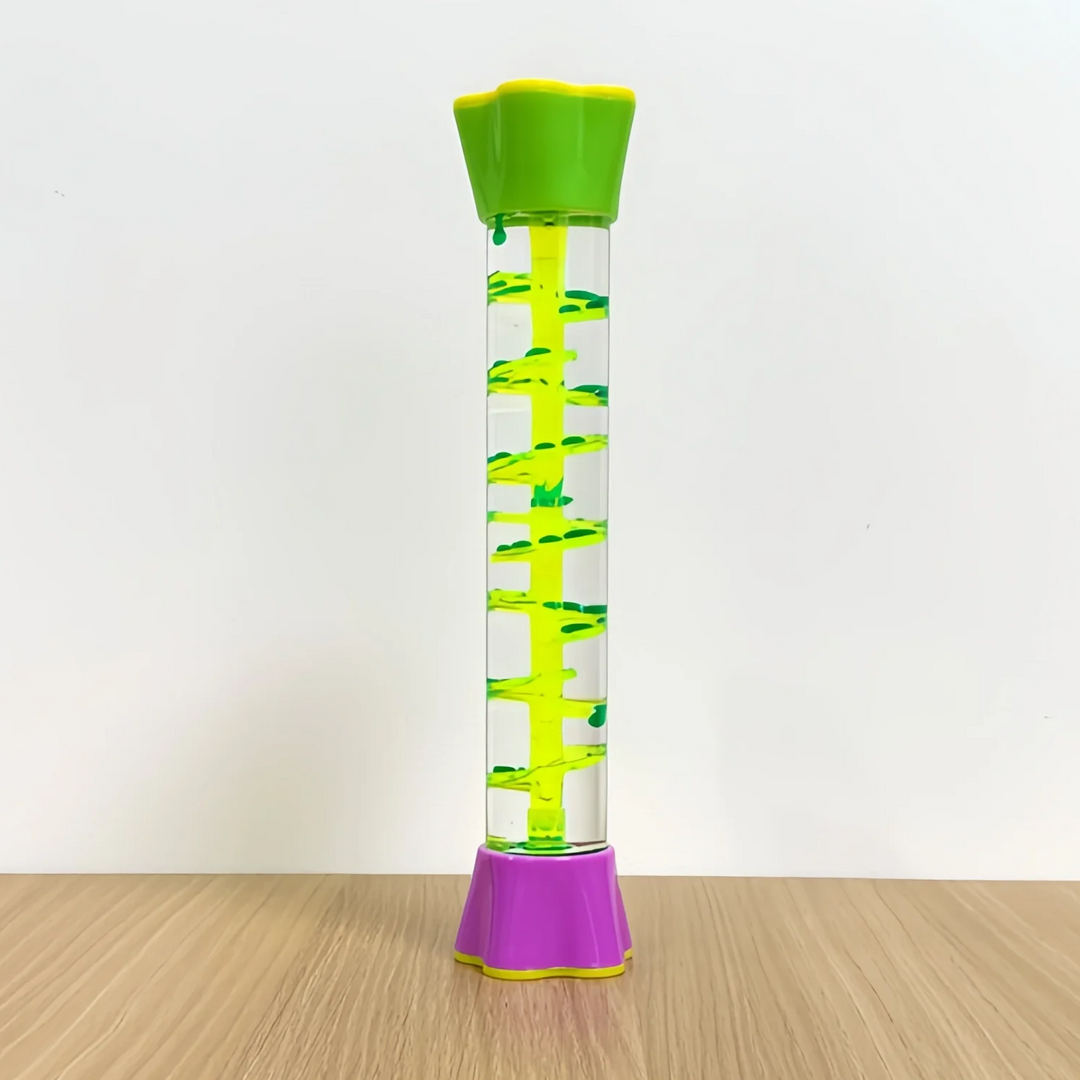 Spiral sensory tube with a green top, purple base and yellow track