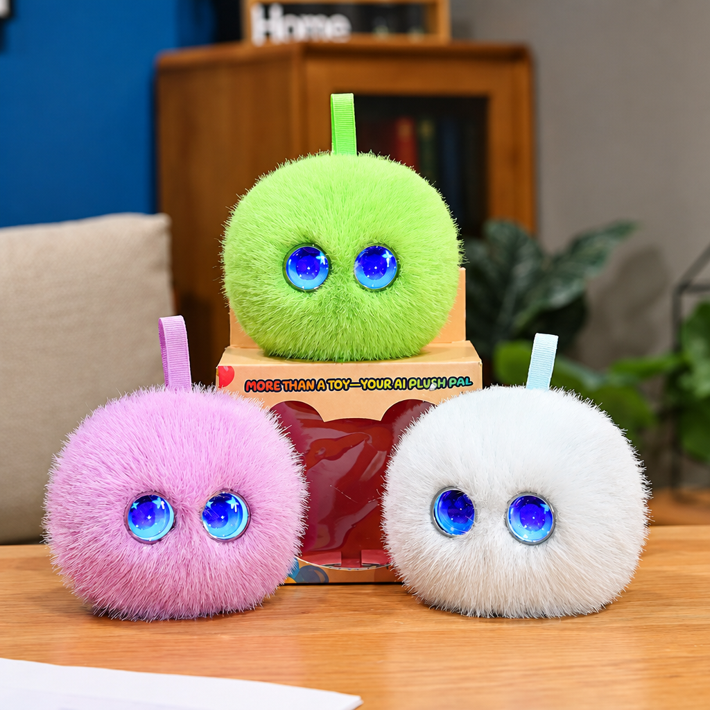 Green, purple and white AI plush toys displayed with a retail box
