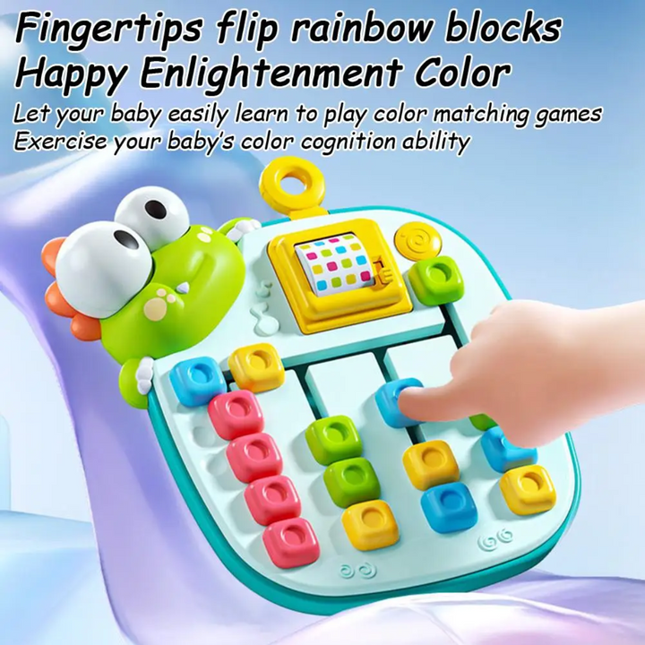 Close-up of a finger sliding a blue tile along the green puzzle&