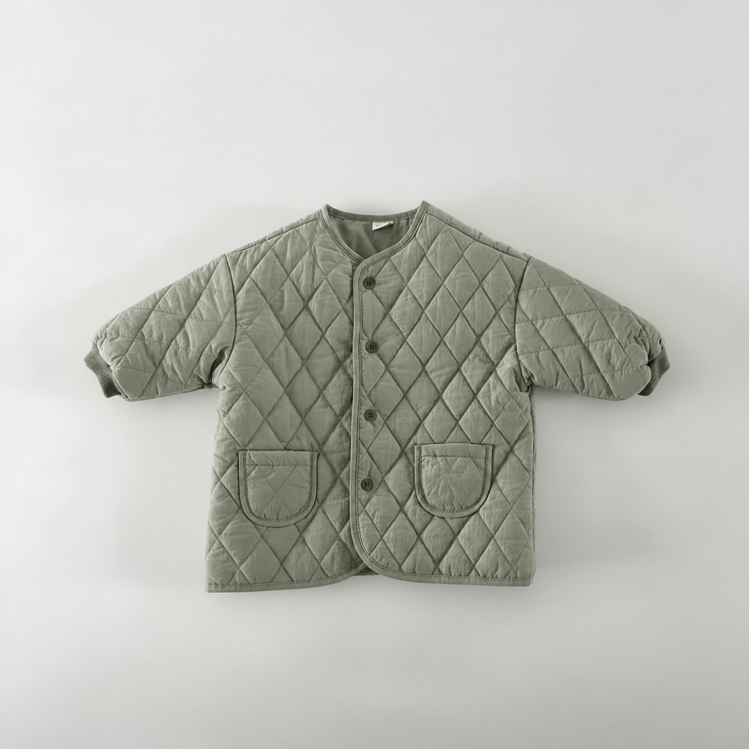 Front view of a green diamond-quilted jacket with snaps and two patch pockets