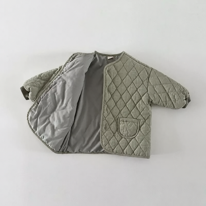 Green quilted jacket opened to show its gray lining and front patch pocket