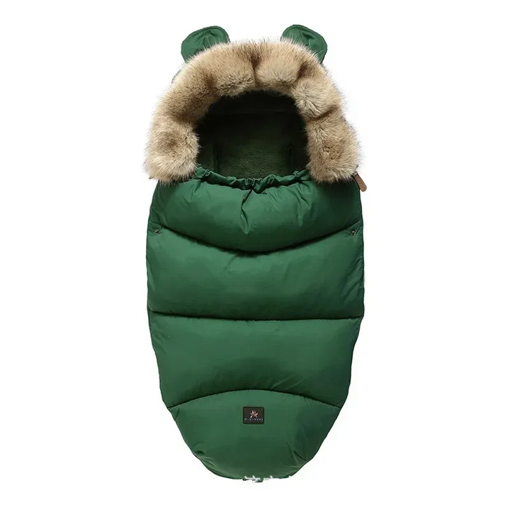 Green quilted stroller footmuff with a faux fur collar and small matching ears
