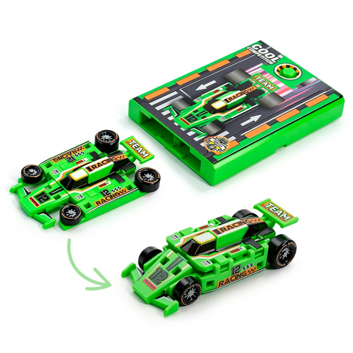 Green race car in flat and raised forms with its matching green button launcher.
