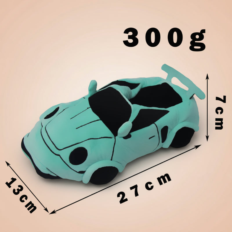Green racing car slipper with graphic labels showing 27 x 13 x 7 cm and 300 g