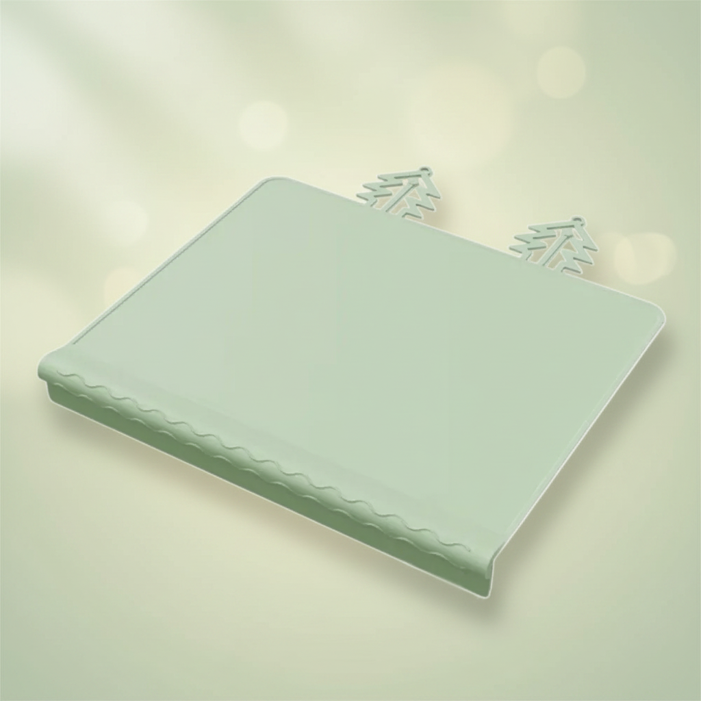 Green silicone placemat with raised edging and two tree-shaped tabs
