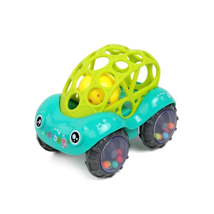 Green rattle toy car with a lime-green open-frame top and clear bead-filled wheels