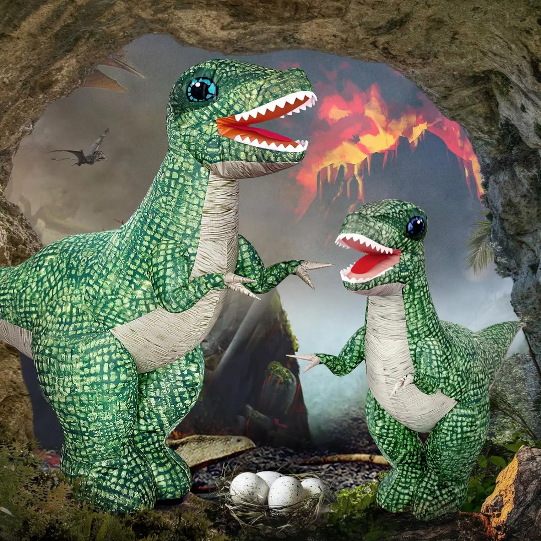 Two green inflatable RC dinosaurs displayed against a prehistoric cave backdrop.