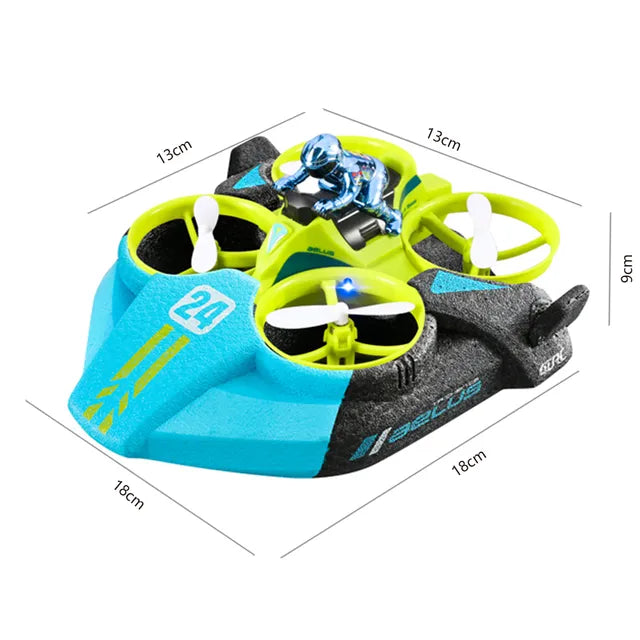 Measurement diagram of the green quadcopter and its turquoise vehicle base.