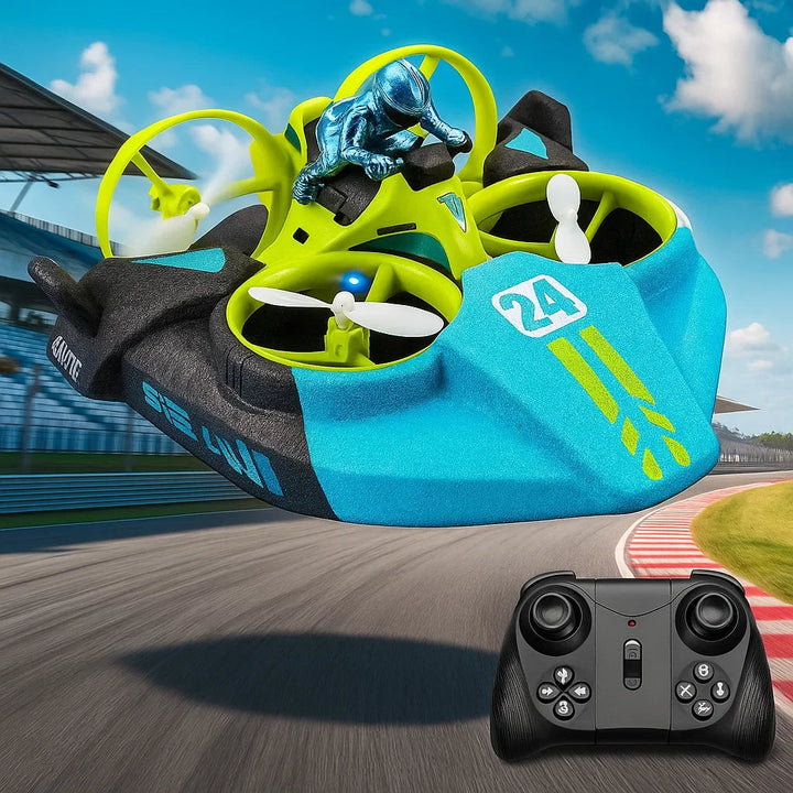 Green RC drone with a turquoise vehicle base and black controller in a racetrack scene.