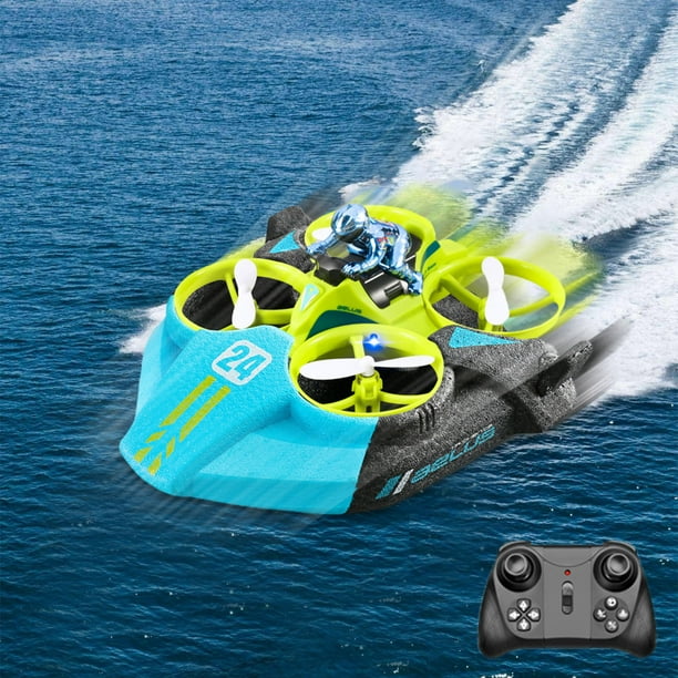 Green RC drone pictured traveling across water, with a black controller.