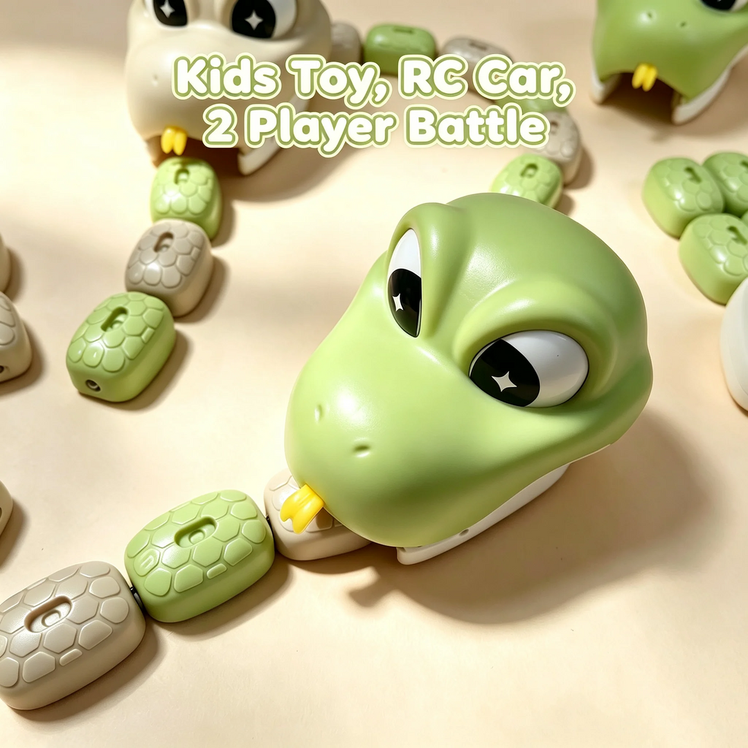 Green remote-control snake with a curved trail of green and beige body segments