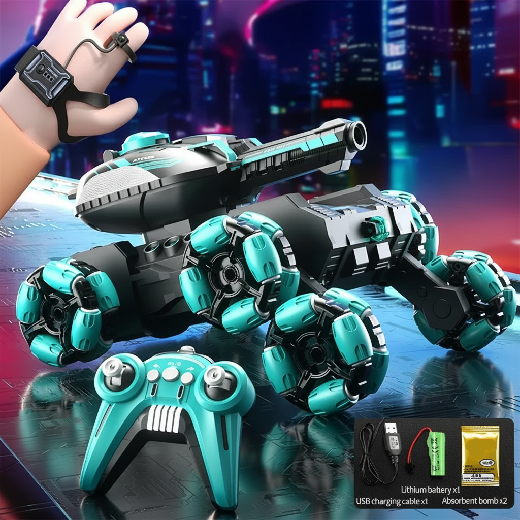 Green dual-control RC tank truck set with handheld remote, wrist controller, and charging accessories