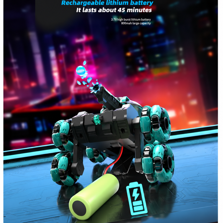 Green RC tank truck pictured with a rechargeable lithium battery and battery icon