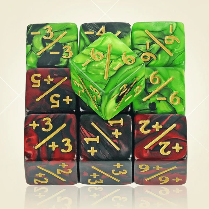 Green and red-black counter dice with gold-colored plus and minus markings
