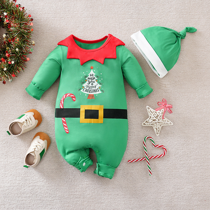 Green baby elf romper with a red collar design and belt print, shown beside a green hat