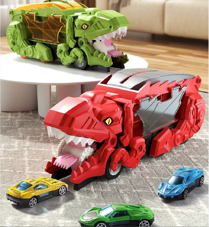 Green and red dinosaur car carriers with mini cars positioned near their open mouths