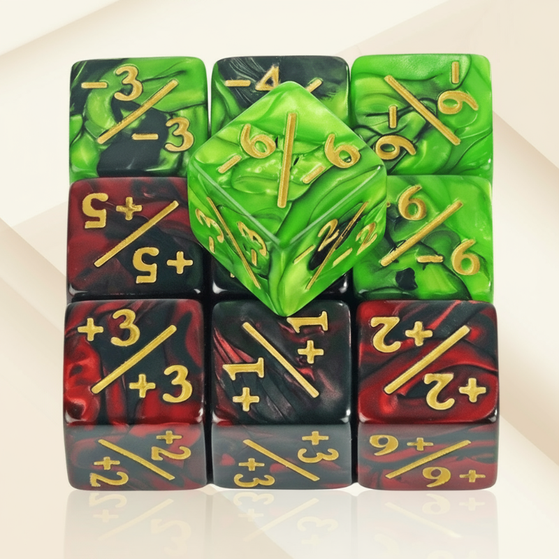 Green and red-black swirled stat dice arranged in a compact display
