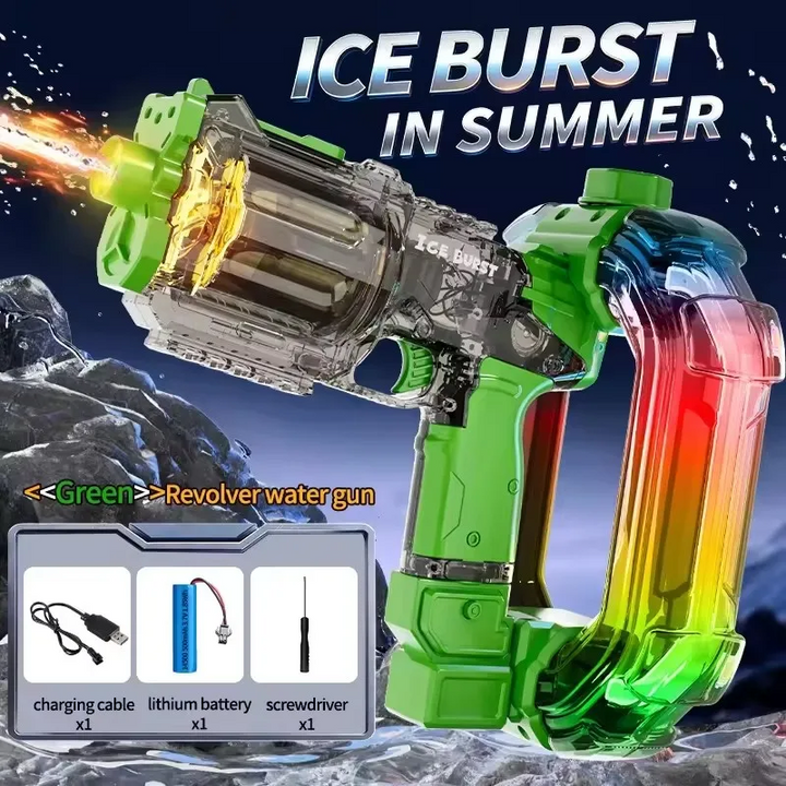 Green revolver-style water gun with a gradient reservoir and included charging accessories.