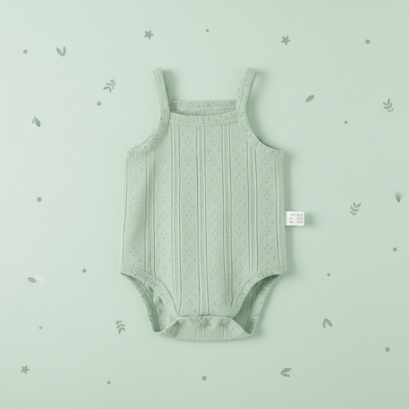 Green ribbed baby bodysuit laid flat on a pale green leaf-patterned background
