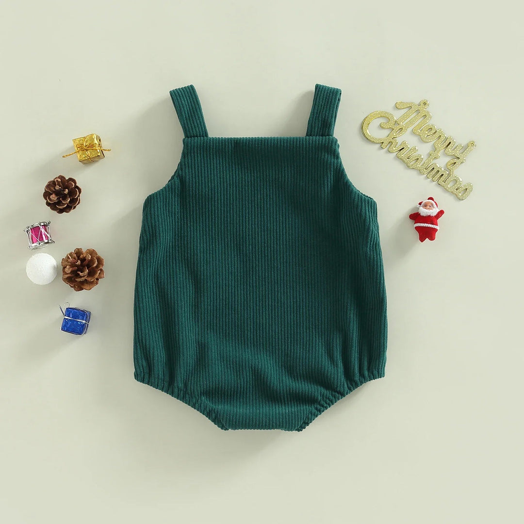Back of green ribbed baby romper with shoulder straps
