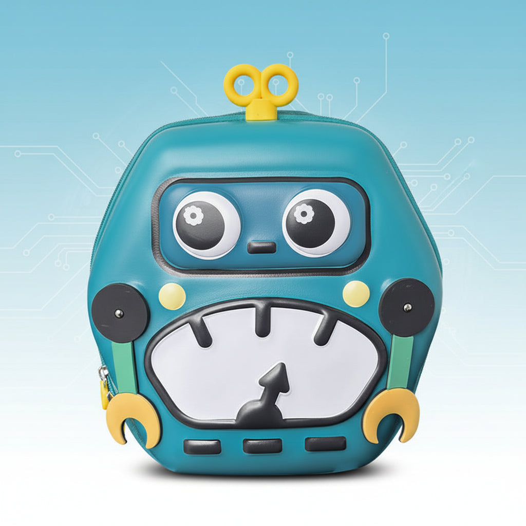 Front view of green robot backpack with black and yellow details