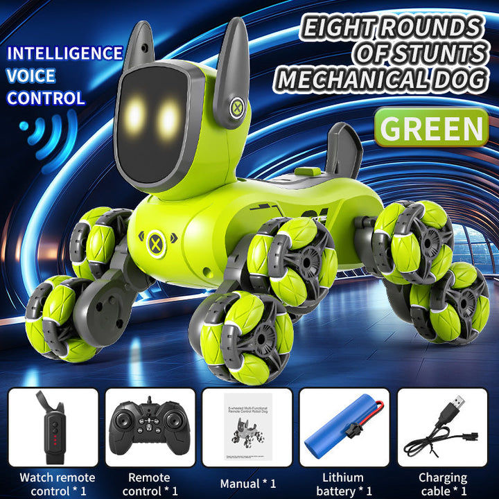 Green robot dog with a gesture-control watch, handheld remote, manual, battery, and charging cable.