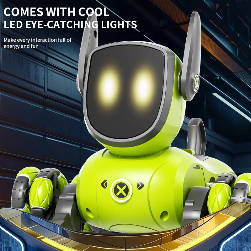 Green robot dog with two illuminated LED eyes and eight wheels.