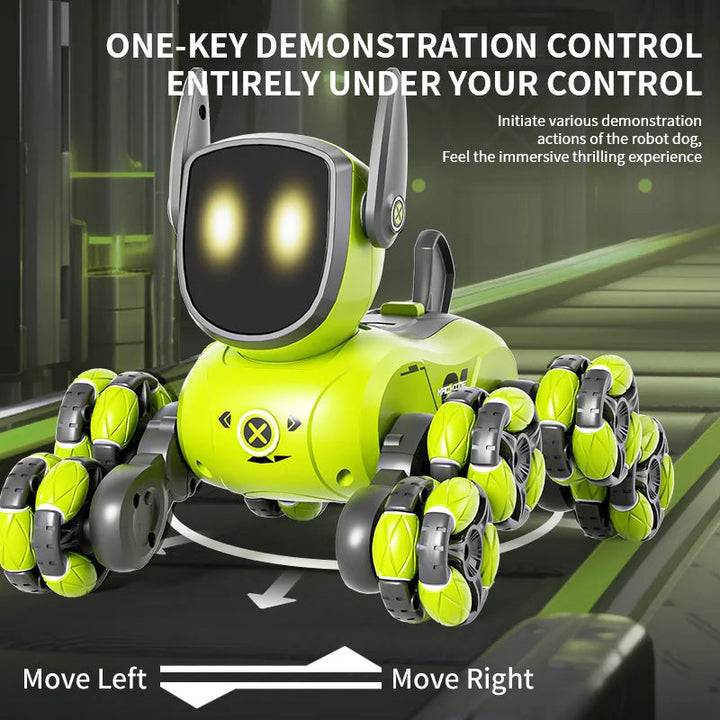 Green RC robot dog with arrows showing left and right movement and a one-button demo graphic.