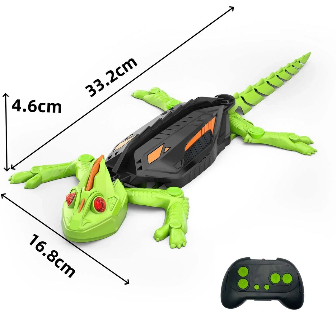 Green robot toy and remote control with measurements of 33.2 x 16.8 x 4.6 cm
