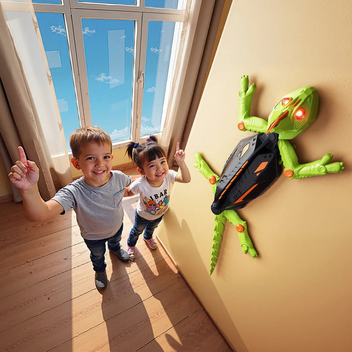 Two children beside a green robot toy climbing an indoor wall