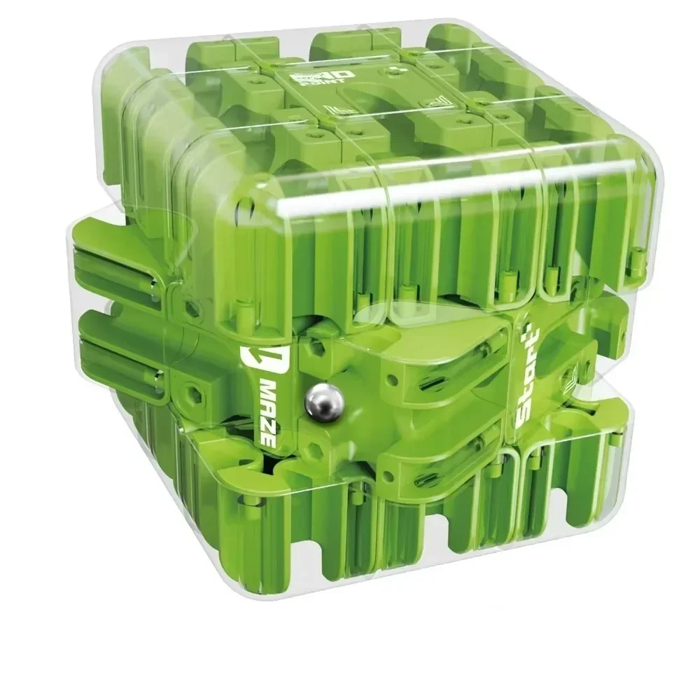 Green puzzle cube with clear maze channels and a visible ball