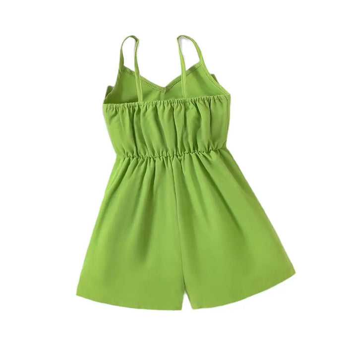 Back view of a green romper with elastic gathers across the bodice and waist