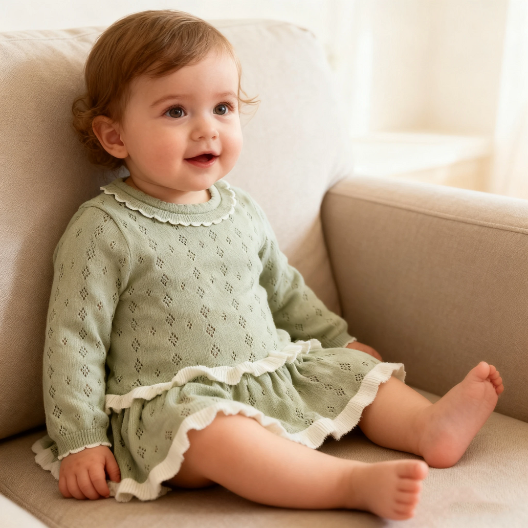 Seated child wearing the green knit dress with white ruffles at the neckline and hem