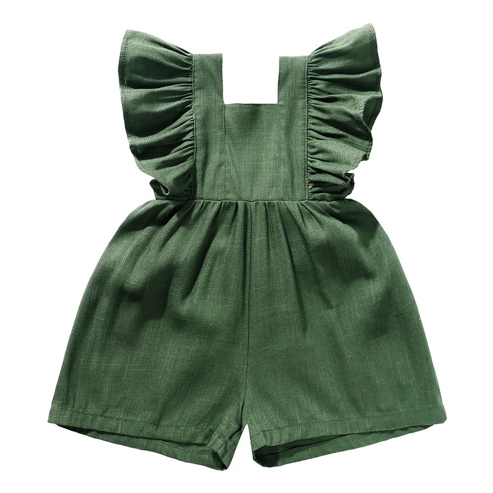 Green baby romper with a square neckline, ruffled straps, and roomy shorts.
