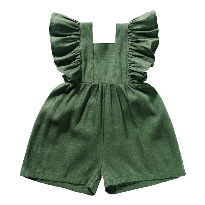 Green baby romper with a square neckline, ruffled straps, and roomy shorts.